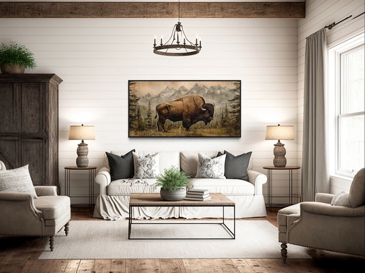 American Bison Painting Wood Panel Effect Western Wall Art above rustic couch