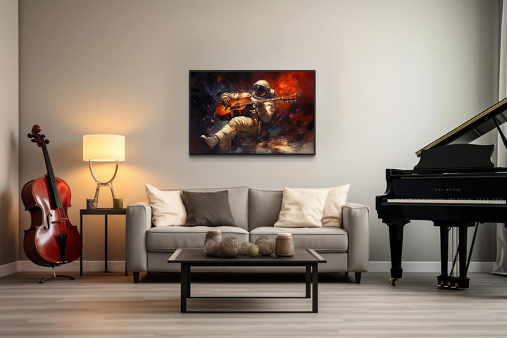 Astronaut Playing Guitar Framed Canvas Wall Art in living room