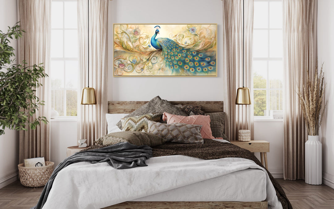 Gold Green Peacock Framed Canvas Wall Art above luxury bed