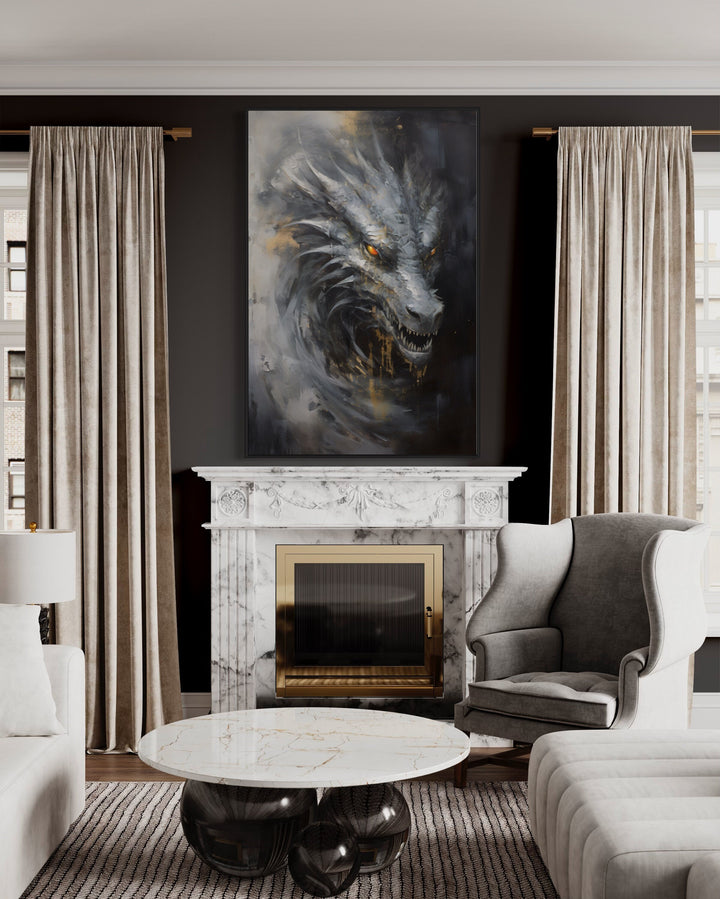 Abstract Dragon Framed Canvas Wall Art above fireplace