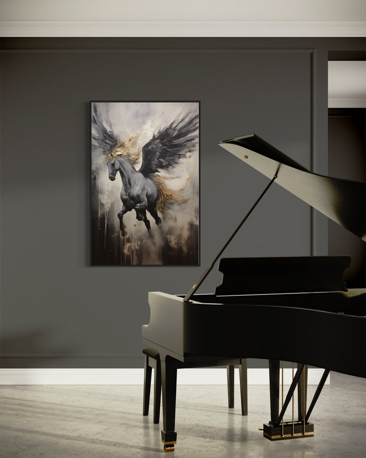 Black Pegasus Framed Canvas Wall Art in music room