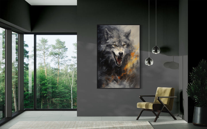 Fenrir Wolf Norse Mythology Framed Canvas Wall Art in living room