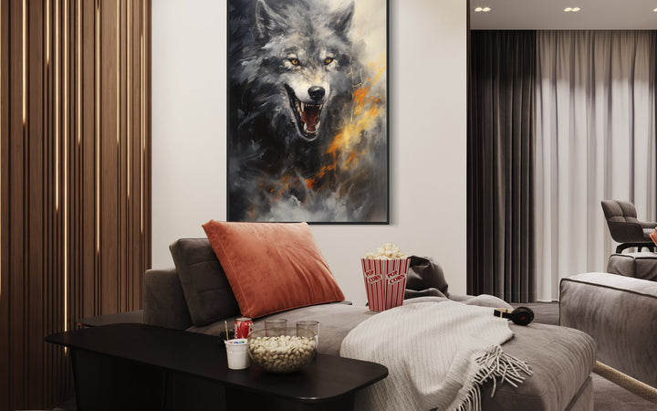 Fenrir Wolf Norse Mythology Framed Canvas Wall Art in movie room