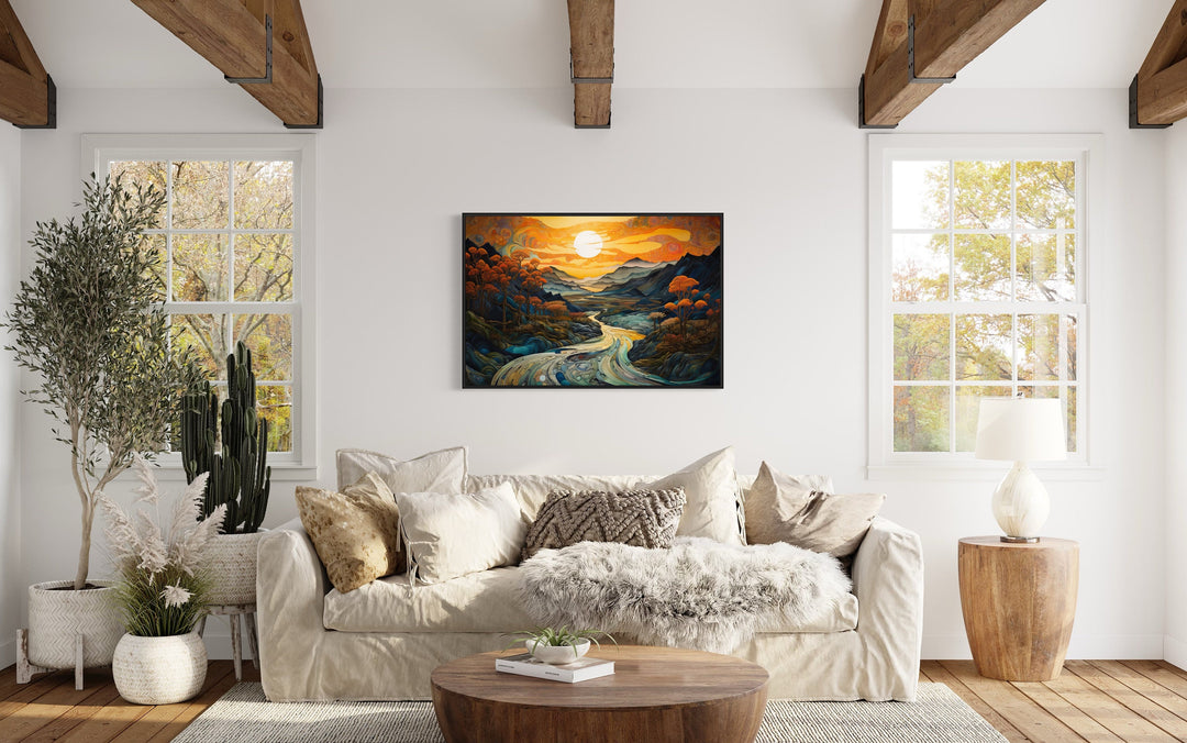 Art Nouveau Sunset Mountains Landscape Framed Canvas Wall Art in living room