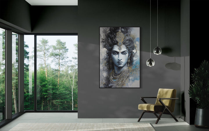 Lord Krishna Abstract Painting Indian Wall Art in modern room