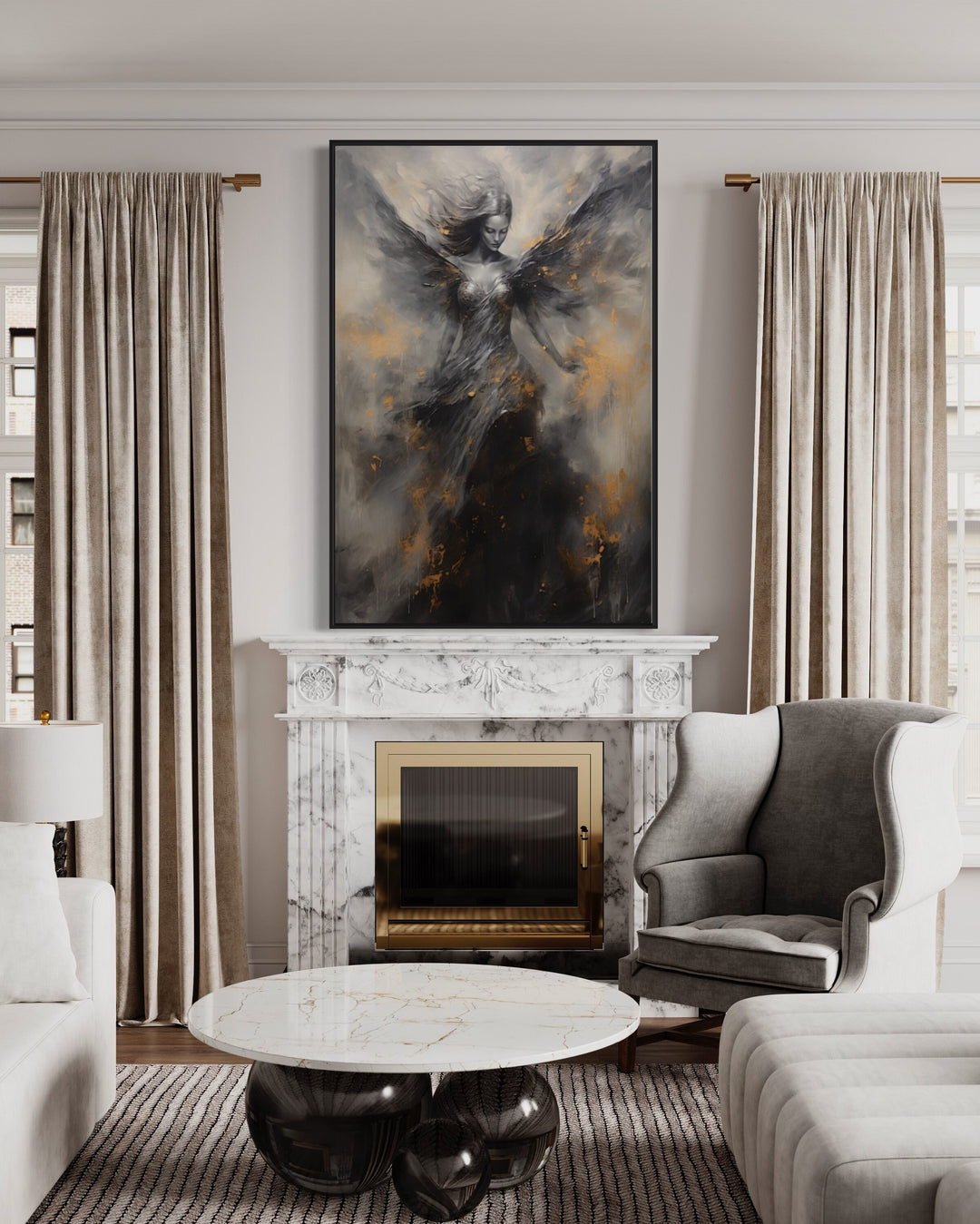 Dark Fallen Angel Framed Canvas Wall Art above fireplace