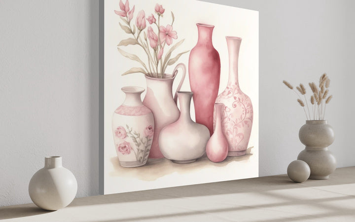 Pink Floral Vases on White Background Wall Art side view