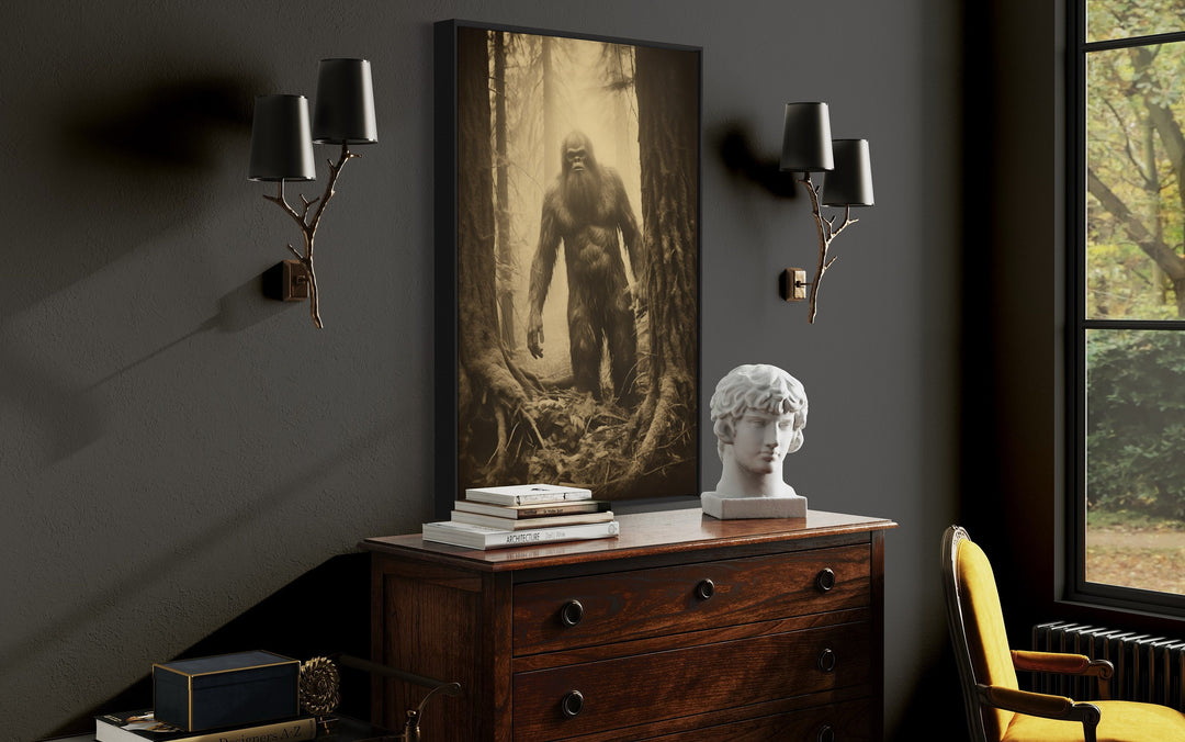 Bigfoot Realistic Photograph Framed Canvas Wall Art in library