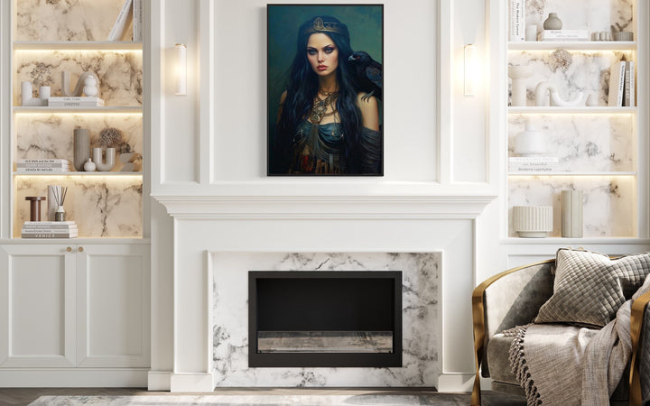 The Morrigan Warrior-Queen Celtic Goddess Framed Canvas Wall Art above fireplace