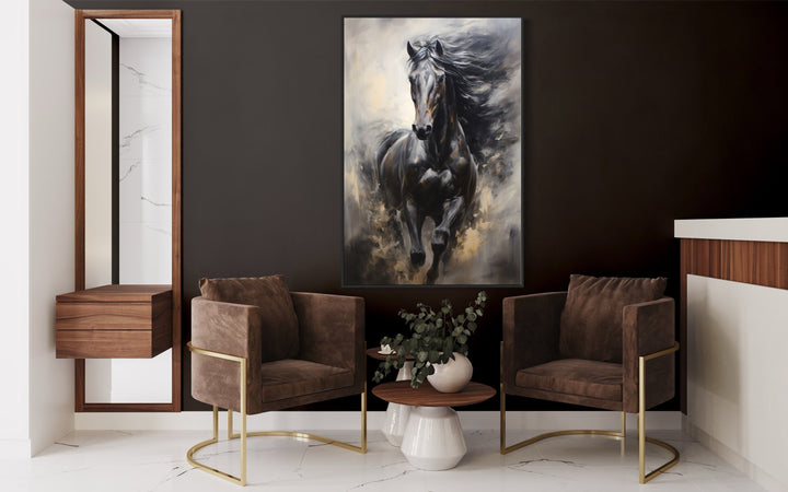 Black Horse Modern Abstract Painting Extra Large Framed Canvas Wall Art between two armchairs