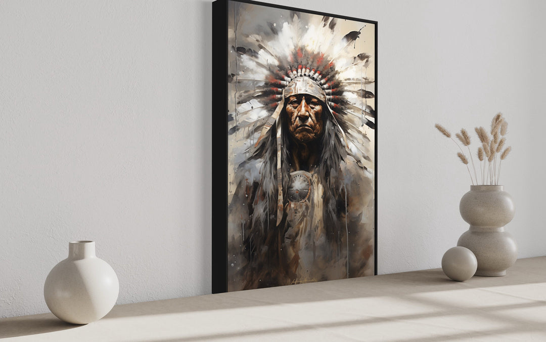 Indian Chief Native American Framed Canvas Wall Art side view