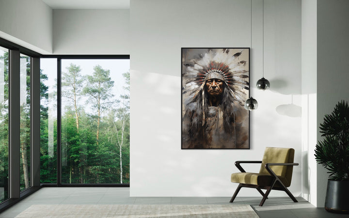 Indian Chief Native American Framed Canvas Wall Art in living room