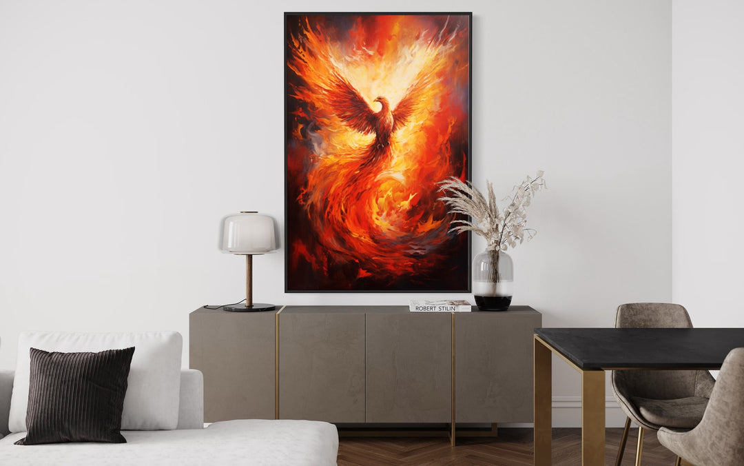 Rising Phoenix Framed Canvas Wall Art in bedroom