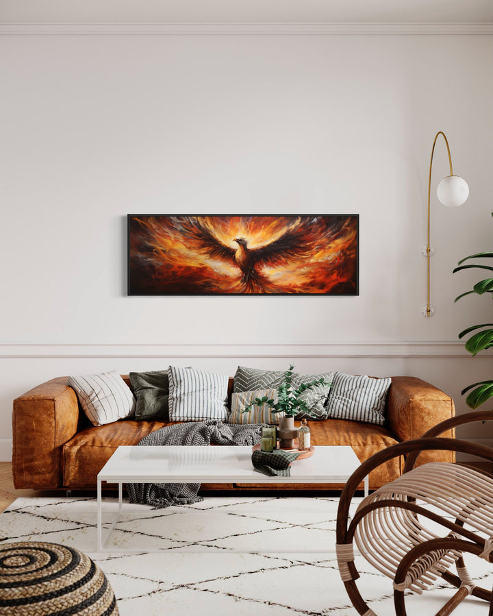 Phoenix Rising From Horizontal Framed Canvas Wall Art in living room