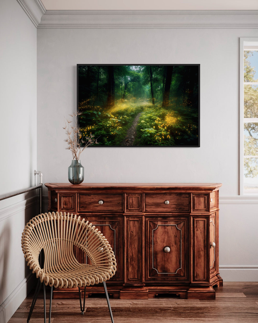 Magical Forest Illuminated by Fireflies Framed Canvas Wall Art in bedroom