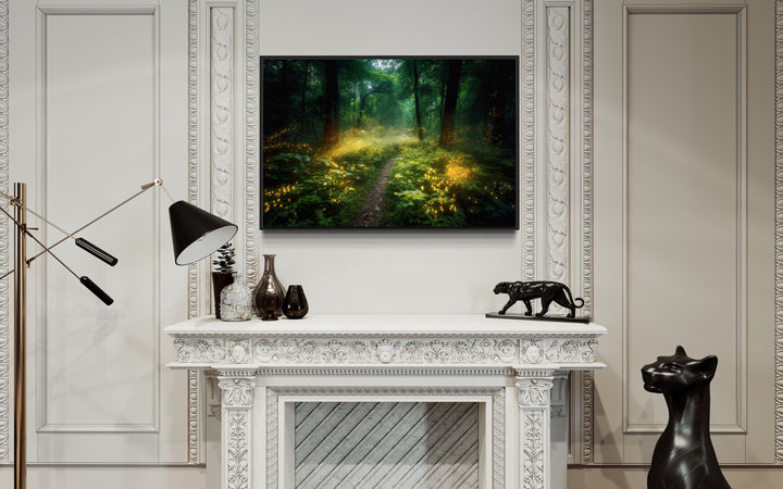 Magical Forest Illuminated by Fireflies Framed Canvas Wall Art above fireplace