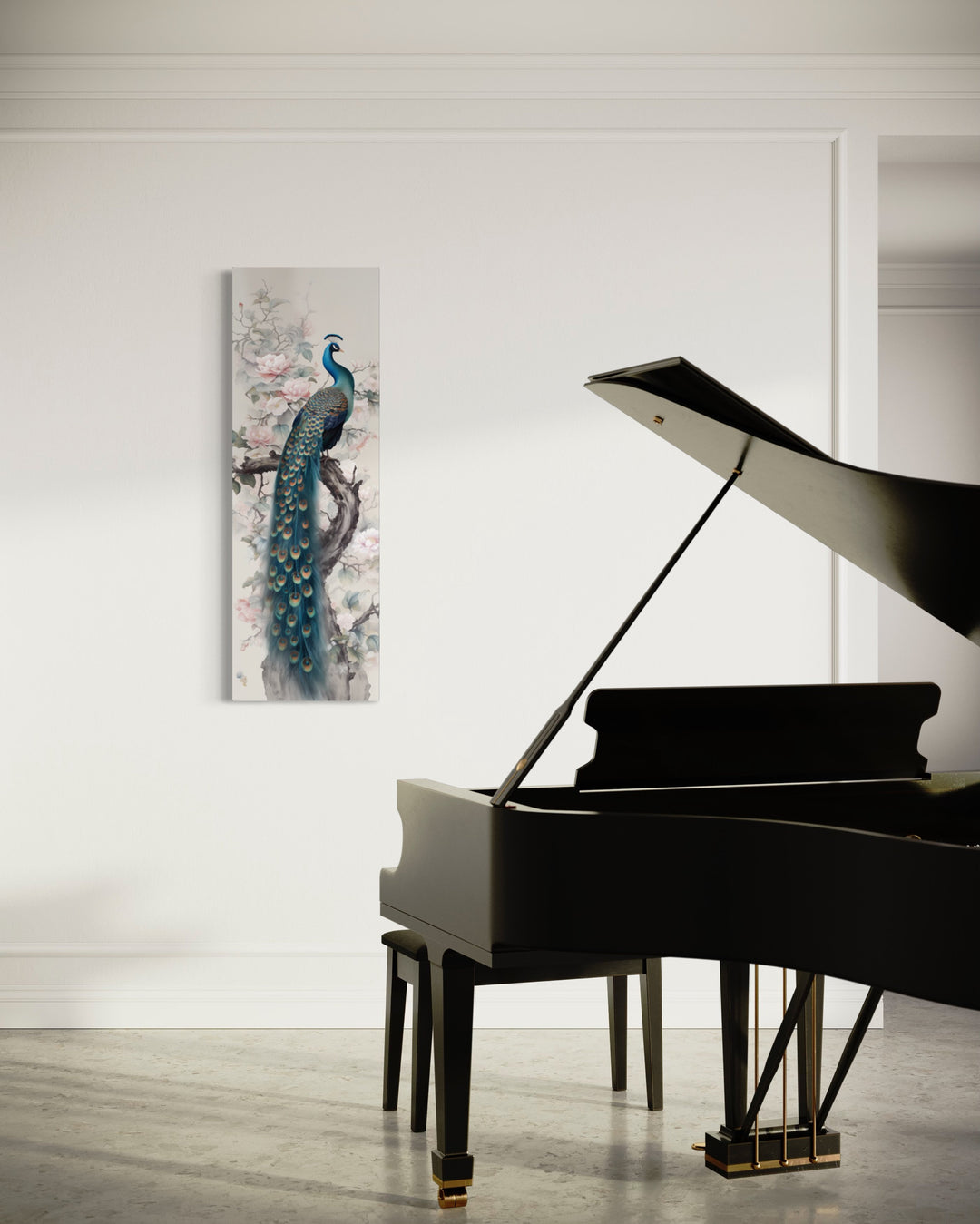 Tall Narrow Chinoiserie Peacock Vertical Wall Art in music room