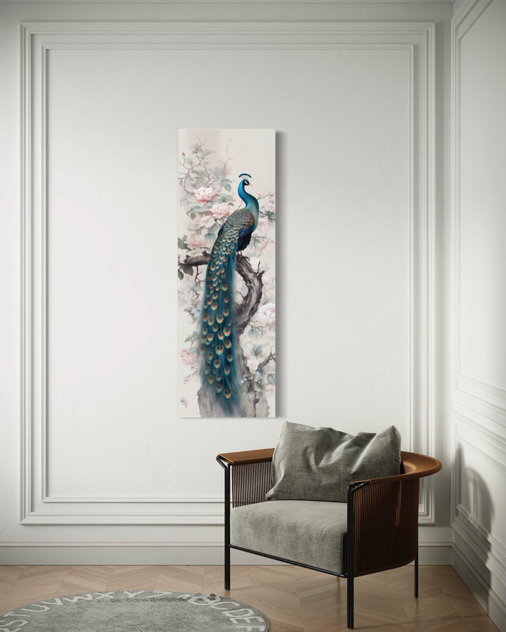 Tall Narrow Chinoiserie Peacock Vertical Wall Art near armchair