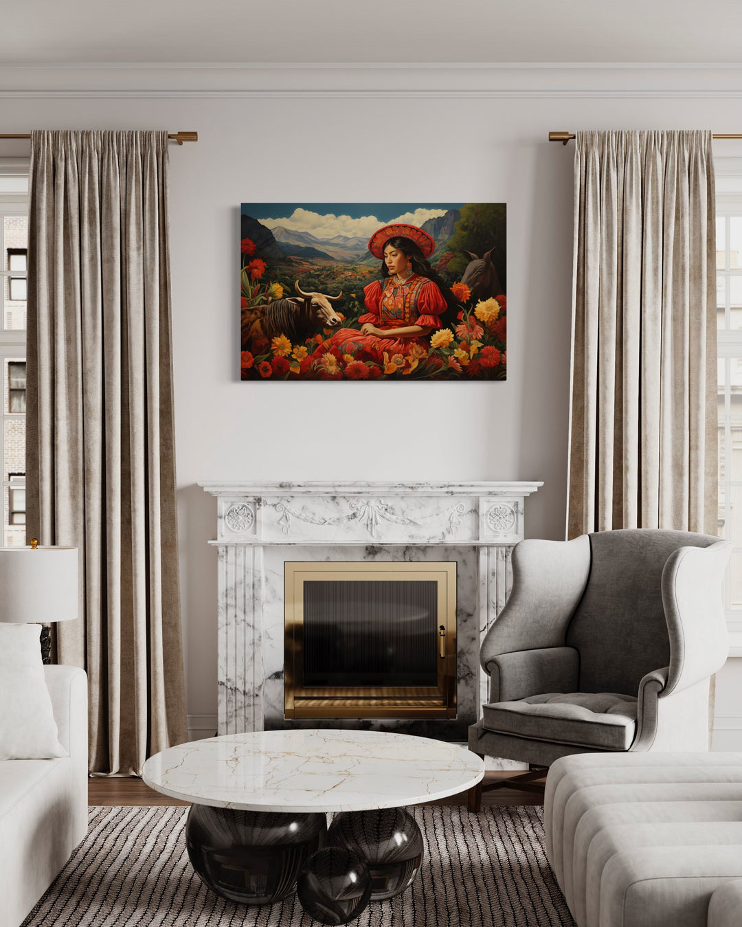 Mexican Woman in The Field With Cow And Flowers Mexican Folk Wall Art above fireplace