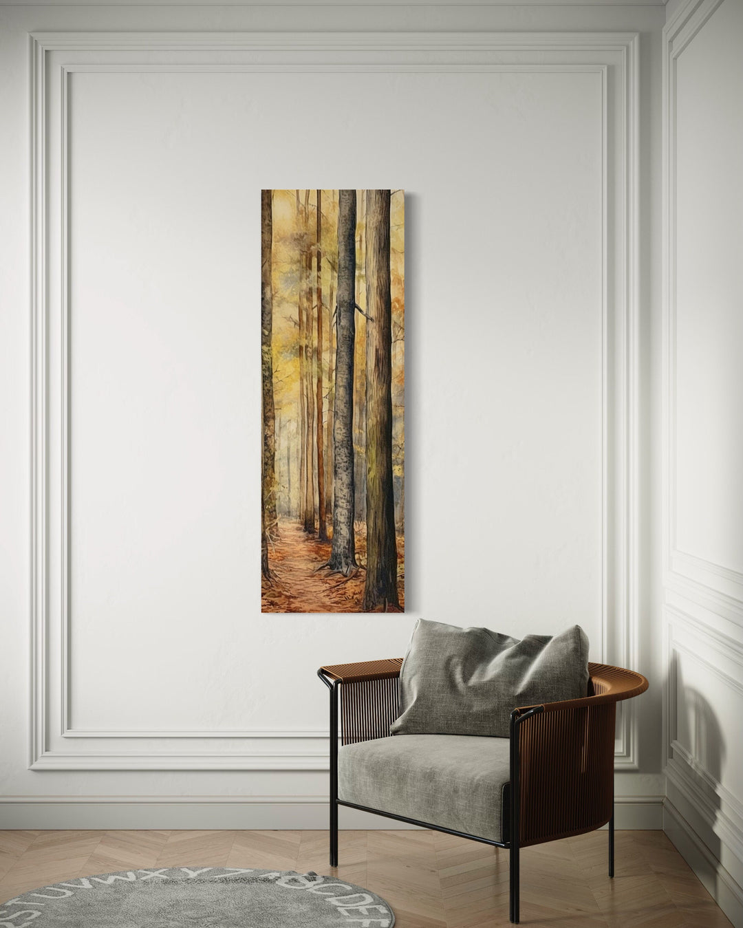 Tall Narrow Cabin Decor Watercolor Trees Canvas Wall Art in a room with armchair