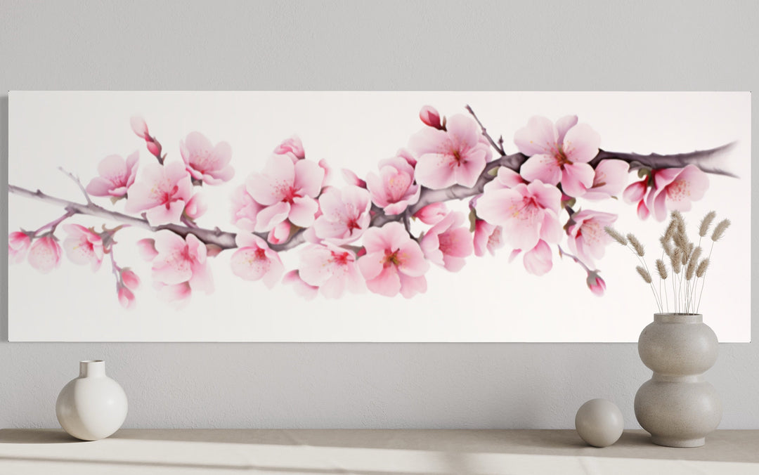 Cherry Blossom Watercolor Painting Long Horizontal Wall Art close up