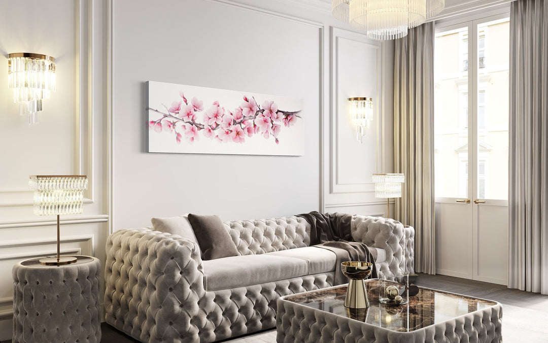 Cherry Blossom Watercolor Painting Long Horizontal Wall Art above white couch