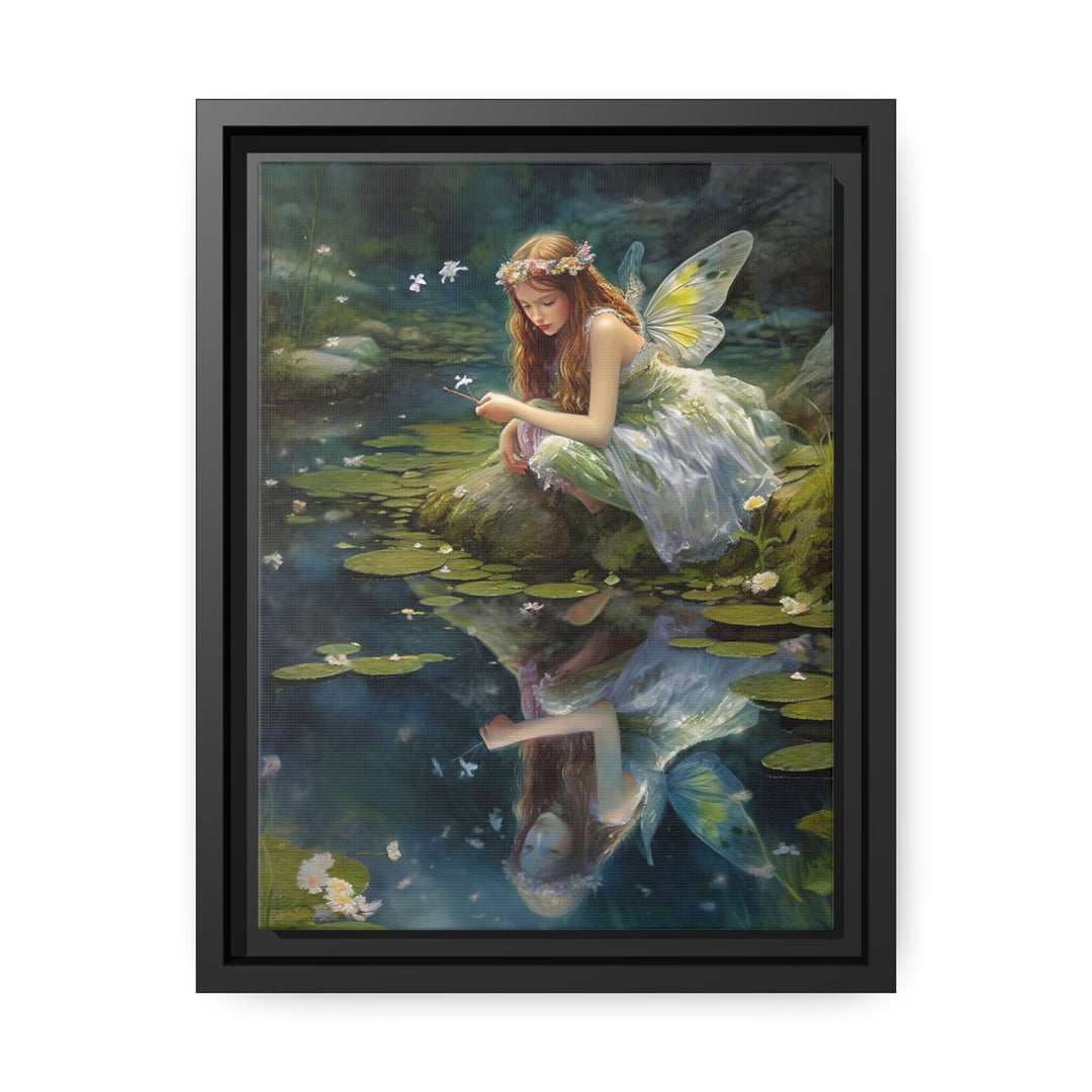 Beautiful Forest Fairy Near Pond Framed Canvas Wall Art close up