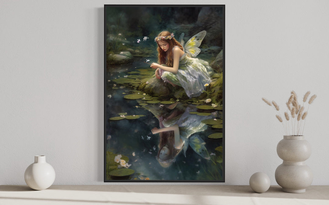 Beautiful Forest Fairy Near Pond Framed Canvas Wall Art close up