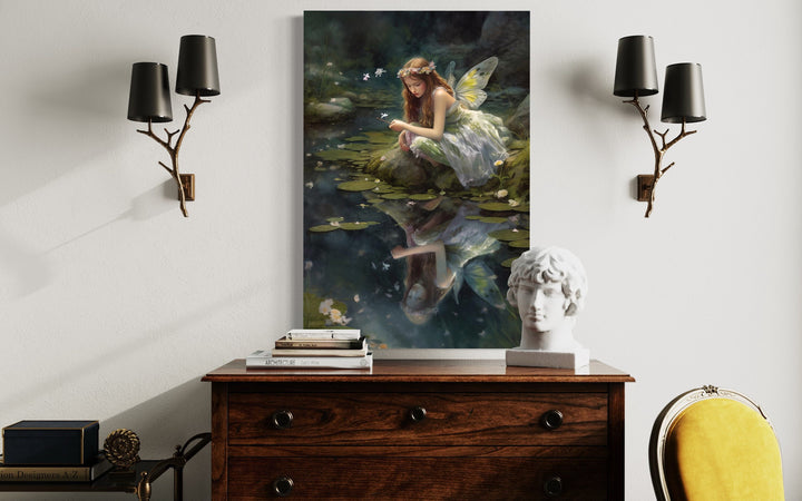 Beautiful Forest Fairy Near Pond Framed Canvas Wall Art