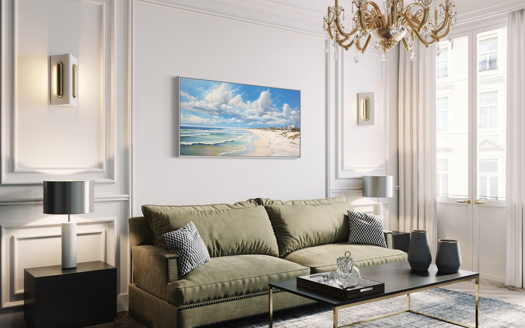 Modern Beach Landscape Framed Canvas Coastal Wall Art in living room