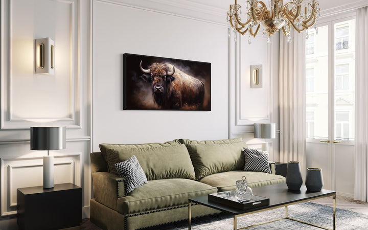 American Buffalo Extra Large Canvas Wall Art above green couch