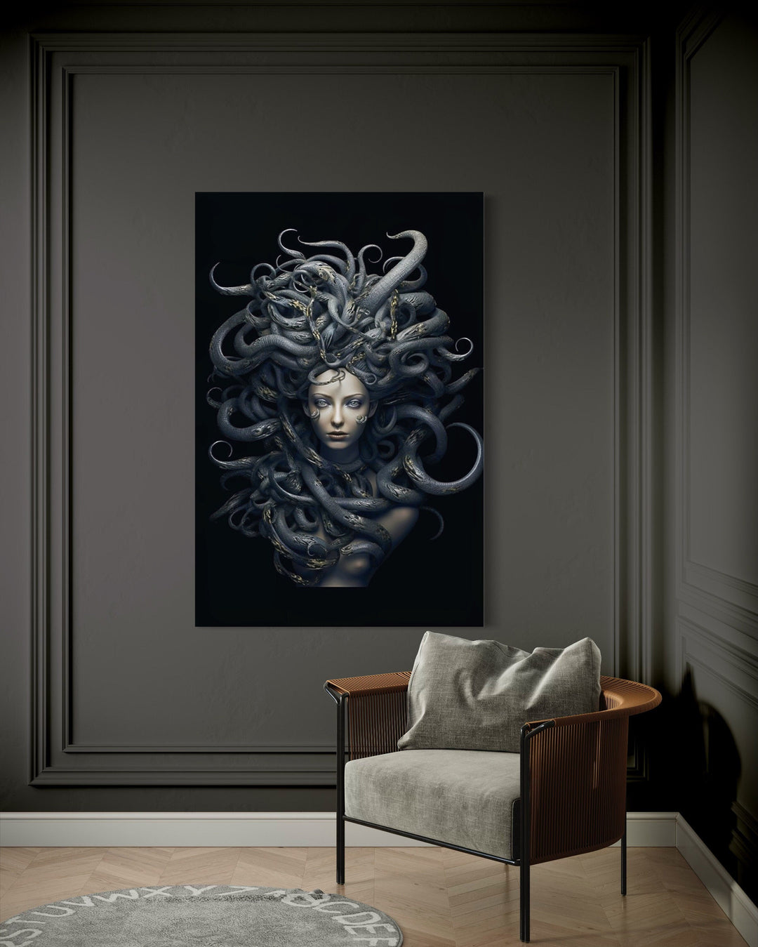 Black Medusa Greek Gorgon Framed Canvas Wall Art behind armchair