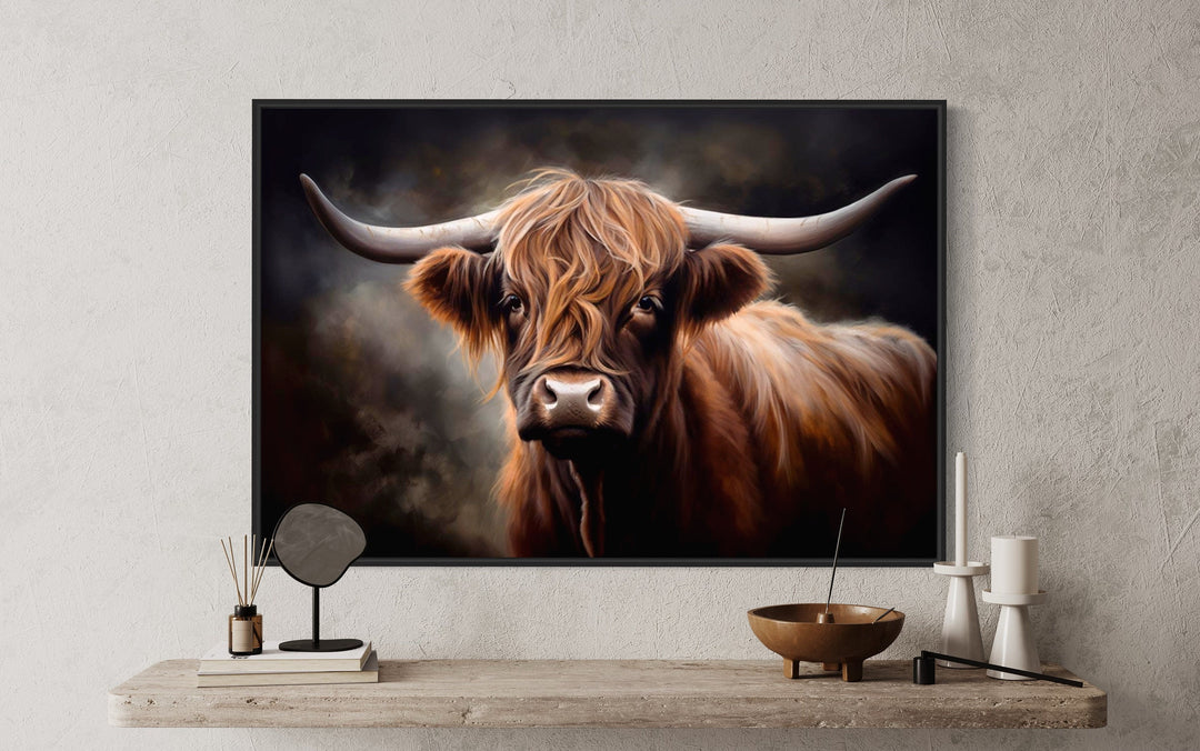 Dark Beautiful Highland Cow Framed Canvas Wall Art close up