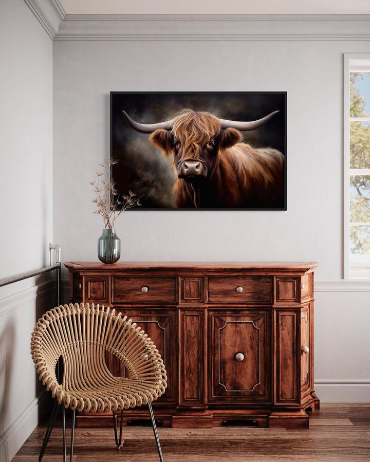 Dark Beautiful Highland Cow Framed Canvas Wall Art in bedroom