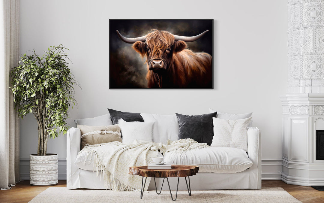 Dark Beautiful Highland Cow Framed Canvas Wall Art