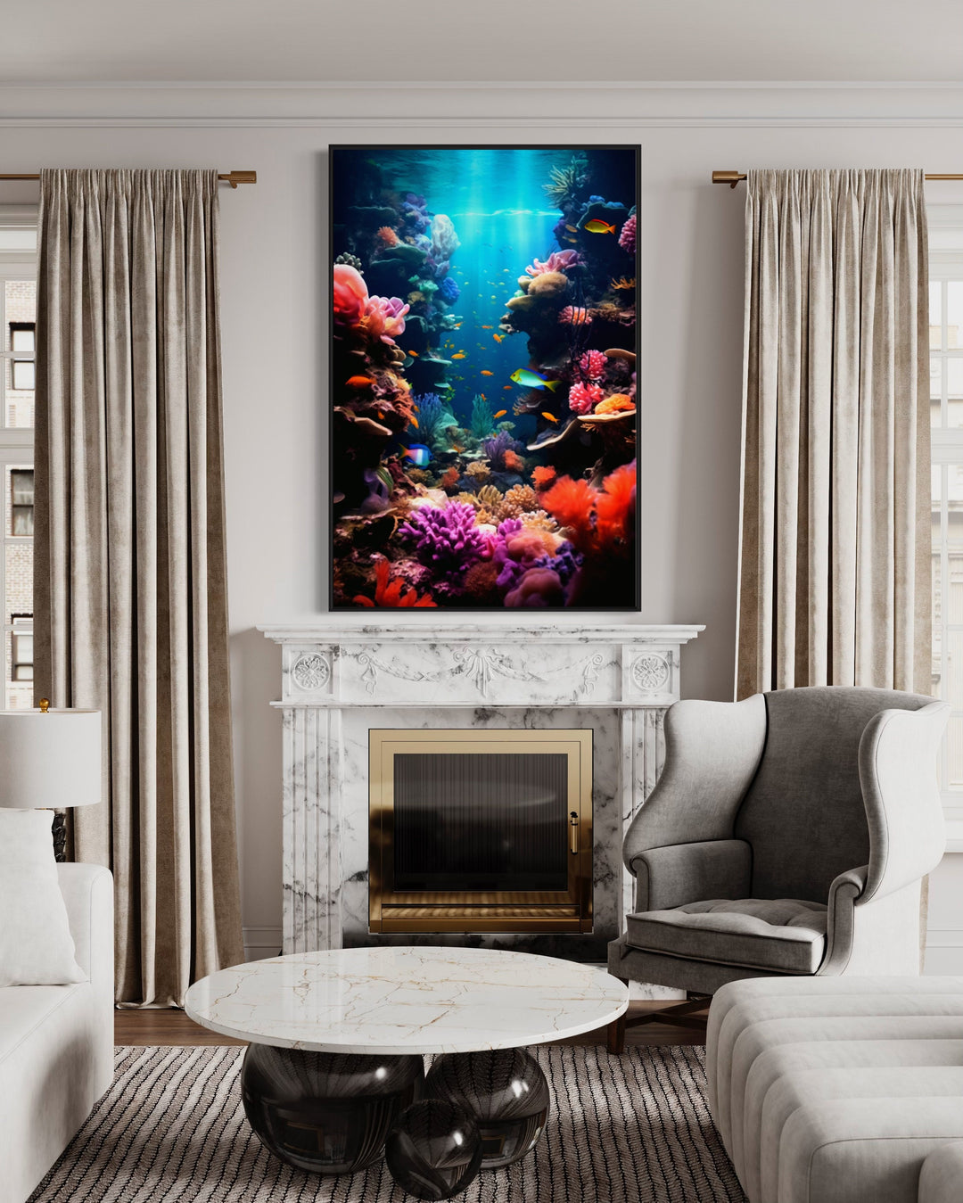 Underwater World Coral Reefs Fish Photograph Framed Canvas Wall Art above fireplace