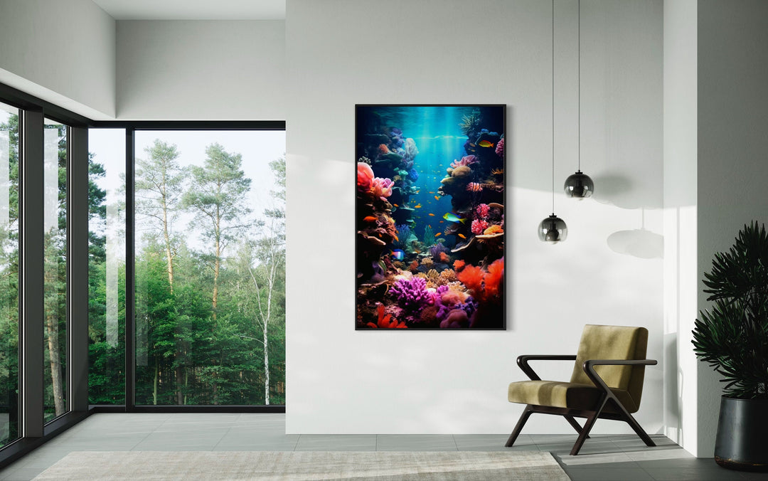 Underwater World Coral Reefs Fish Photograph Framed Canvas Wall Art in living room