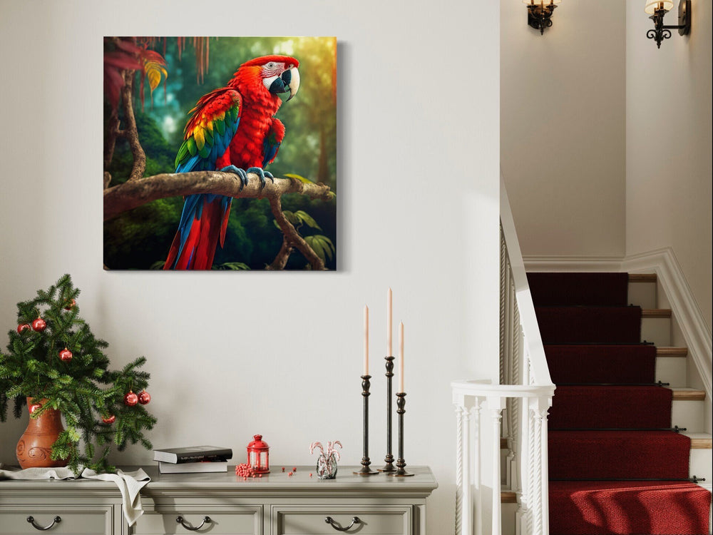 Scarlet Macaw Parrot Framed Canvas Wall Art in living room