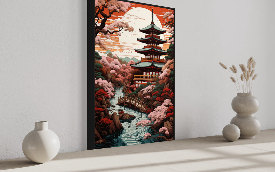 Ukiyo-e Style Japanese Pagoda And Garden Framed Canvas Wall Art side view