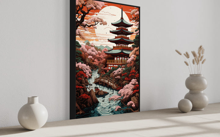 Ukiyo-e Style Japanese Pagoda And Garden Framed Canvas Wall Art side view