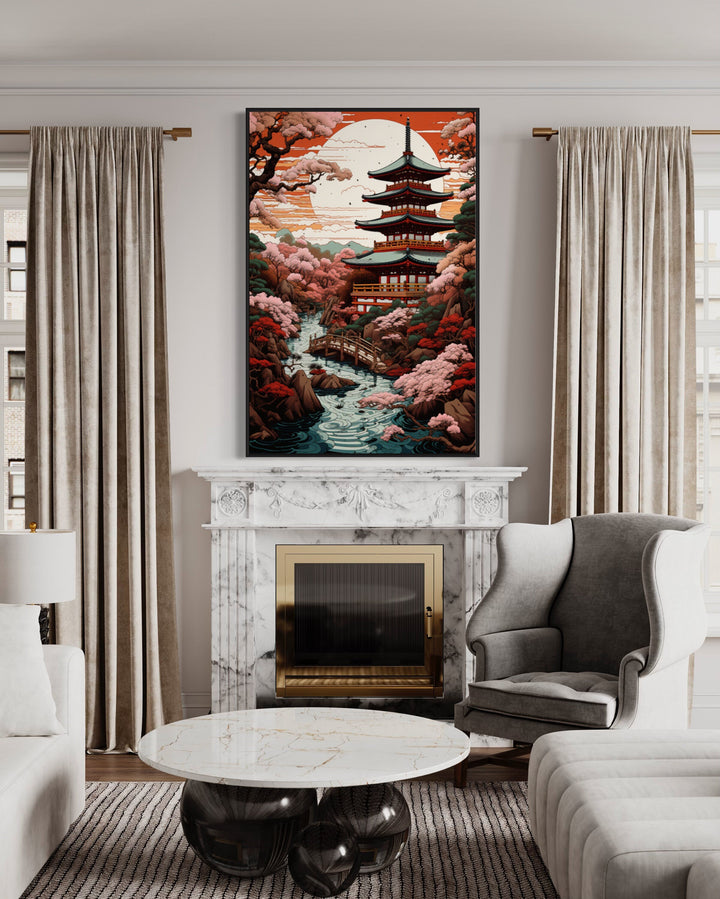 Ukiyo-e Style Japanese Pagoda And Garden Framed Canvas Wall Art above fireplace