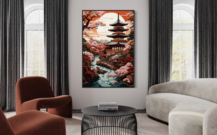 Ukiyo-e Style Japanese Pagoda And Garden Framed Canvas Wall Art