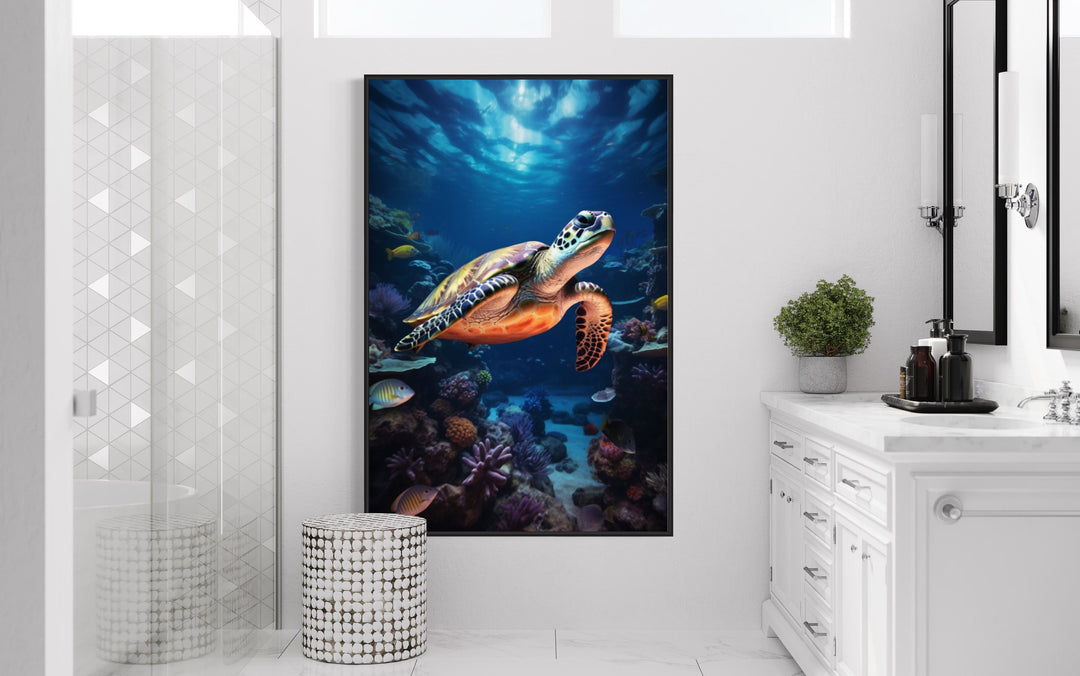 Sea Turtle Underwater Photograph Framed Canvas Wall Art in bathroom