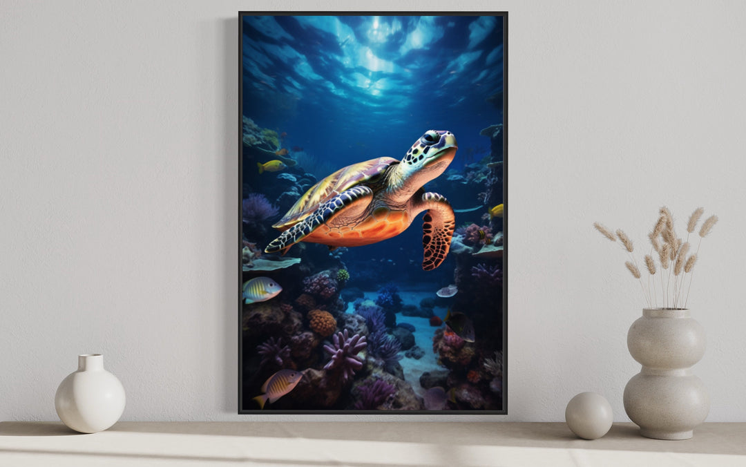 Sea Turtle Underwater Photograph Framed Canvas Wall Art close up