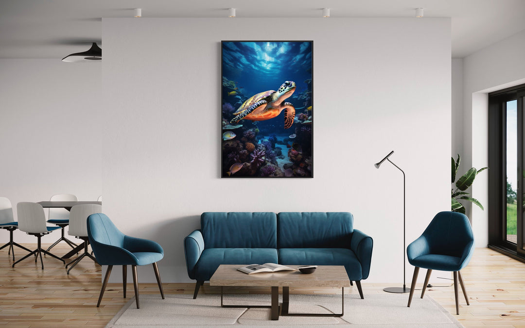 Sea Turtle Underwater Photograph Framed Canvas Wall Art in living room