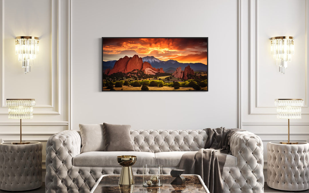 Garden of the Gods Pikes Peak Colorado Wall Art above white couch