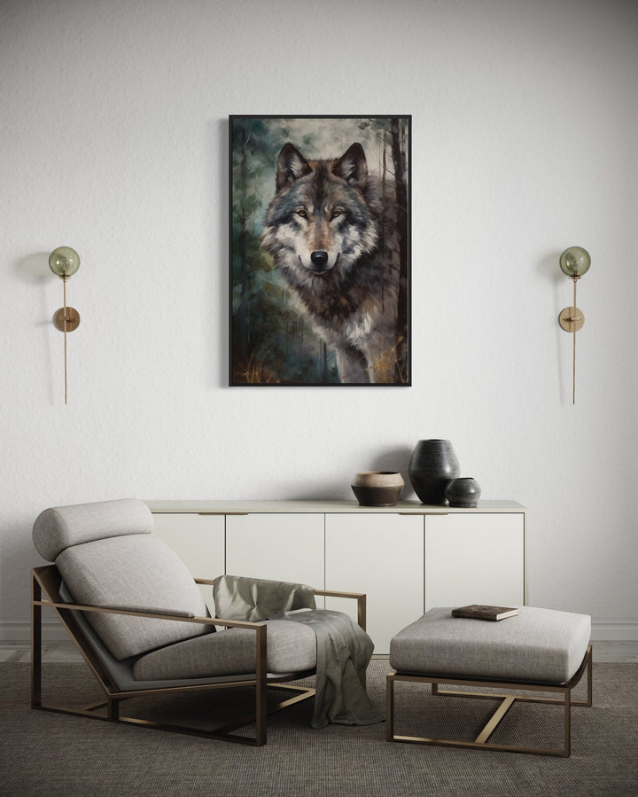 Wolf Pop Art Painting Framed Canvas Wall Art above table