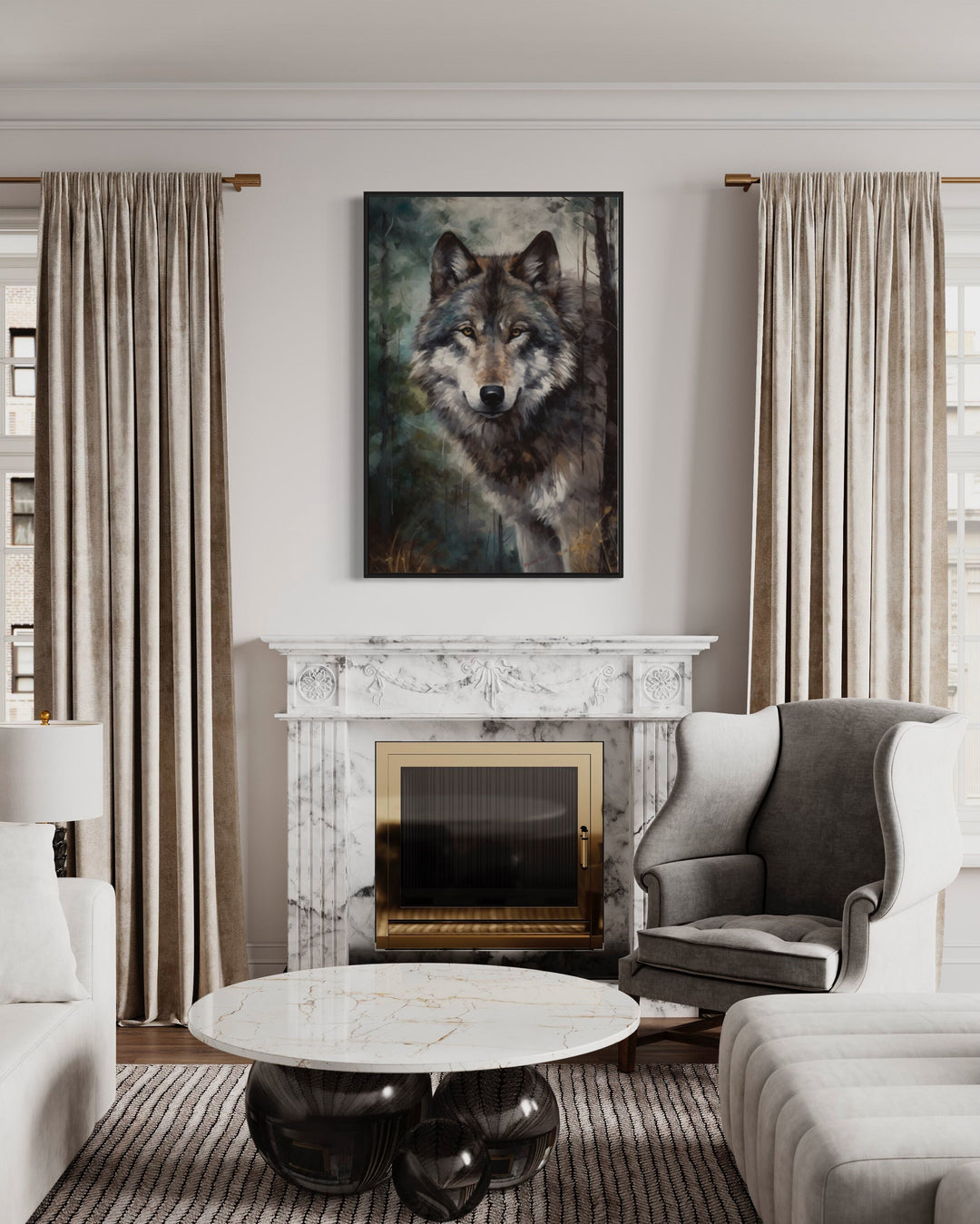 Wolf Pop Art Painting Framed Canvas Wall Art above fireplace