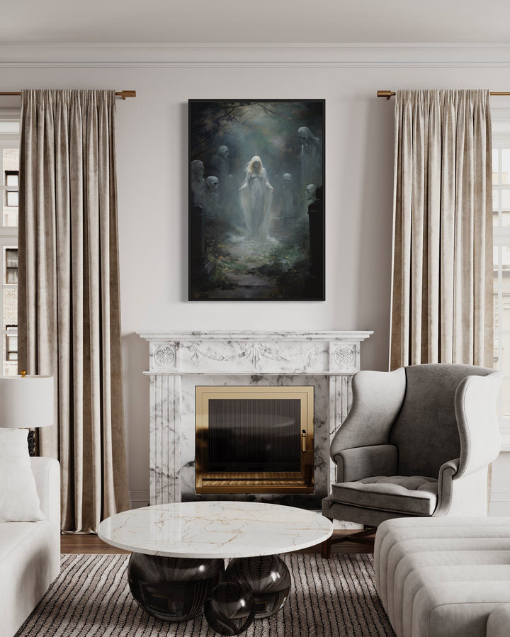 Ghost In The Cemetery Gothic Framed Canvas Wall Art above fireplace