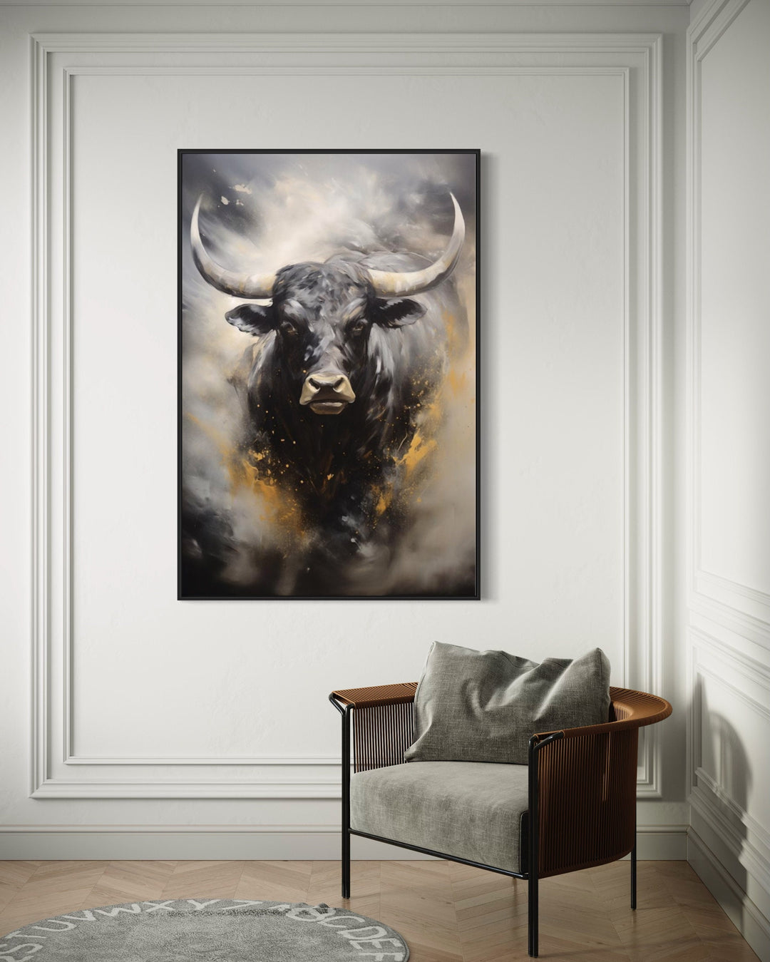 Abstract Running Black Bull Wall Art behind a chair